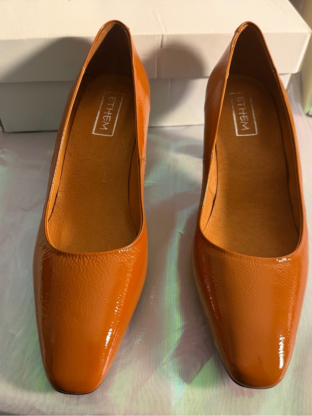 Orange Patent Leather Square-Toe Heels